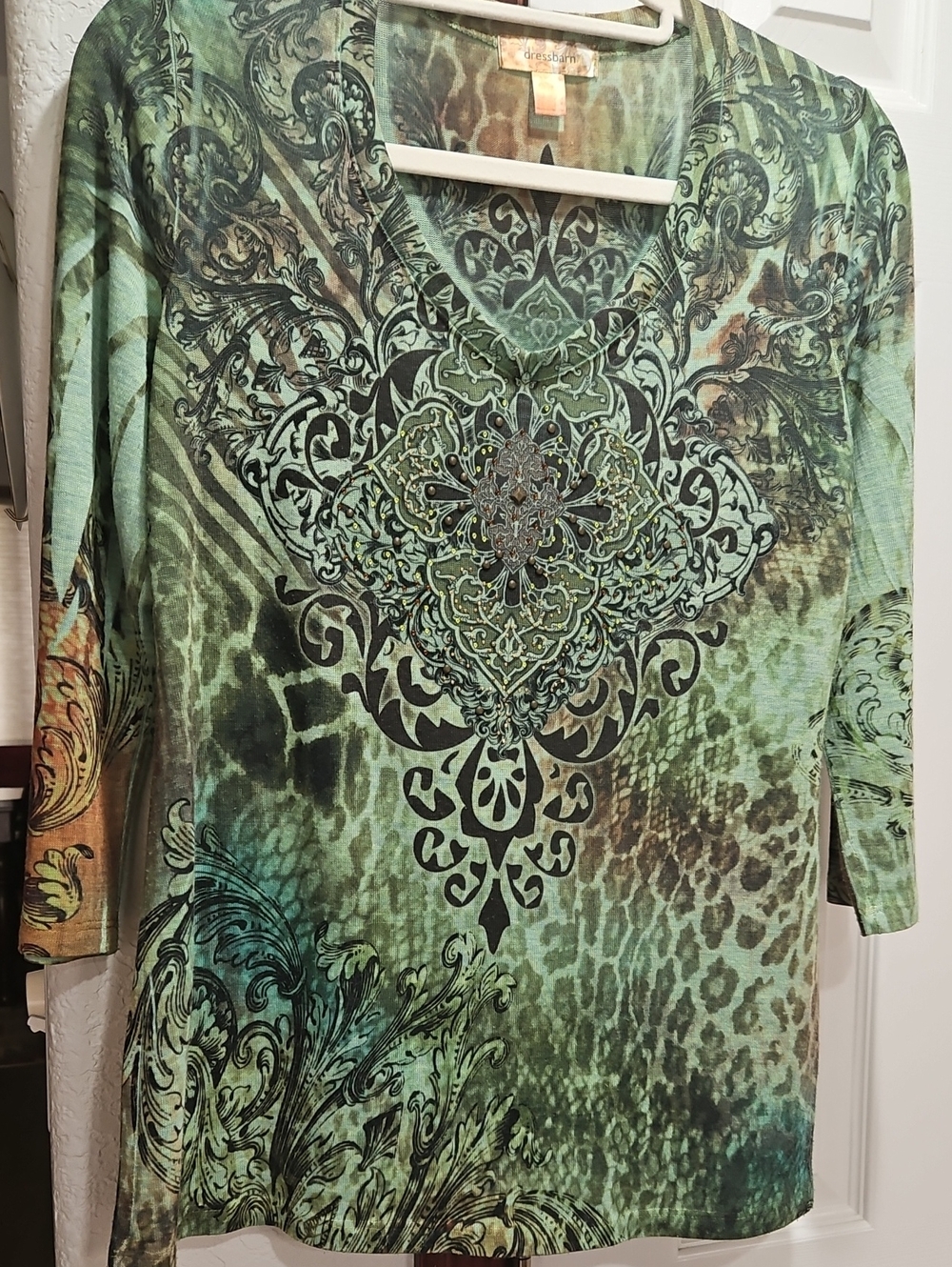Dressbarn Green and Brown Patterned V-Neck Top With Beautiful Sequins.